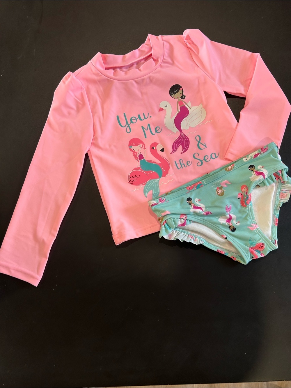 Girls Pink Long-Sleeve Rash Guard Swim Set with Mint Mermaid Bottoms